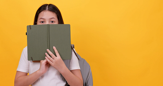 Cute school girl is carrying a school bag and holding a notebook on a yellow background.