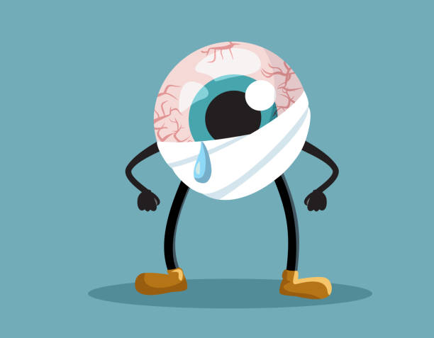 Sick Crying Vector Cartoon Eye Character with Bandage Suffering Vision organ suffering from an degenerative chronic illness cartoon of eye bandage stock illustrations