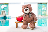 Brown teddy bear sitting on wooden bench over blurred swimming pool background