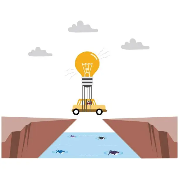 Vector illustration of Businessman driving a car and floating with an idea light bulb hot air balloon over the edge of a cliff