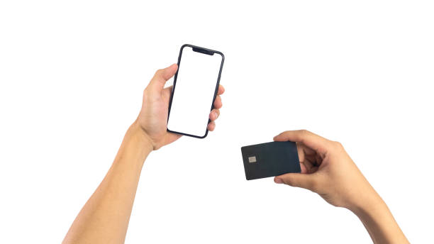 istock hands using smartphone with blank screen, isolated on white background, Close up of hand holding modern smart phone mockup. New modern black frameless smartphone mockup with blank white screen. 1969226533