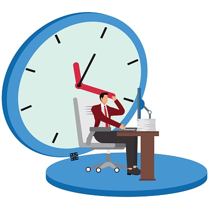 Stress and time pressure, deadline, overtime concept, businessman under a big clock