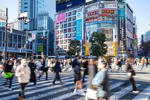 Tokyo, Japan. January 9, 2024. crowd at the Shibuya Scramble Crossing in the city center