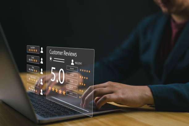 istock User gives rating to service experience on online application, Customer can evaluate quality of service leading to reputation ranking of business, Customer review satisfaction feedback survey concept. 1969268233