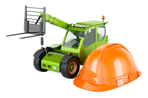 Telescopic handler with orange hard hat, 3D rendering isolated on white background