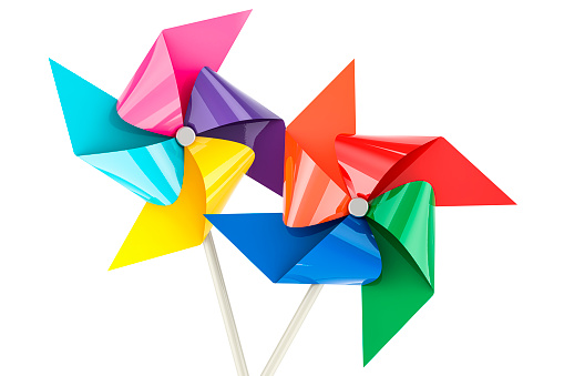 Pinwheels for Kids, Wind Spinners, Spinner Sticks. 3D rendering isolated on white background