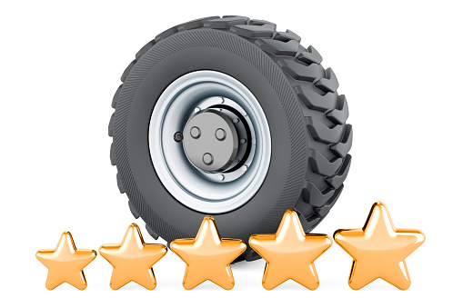 Truck Wheel with five golden stars. 3D rendering isolated on white background
