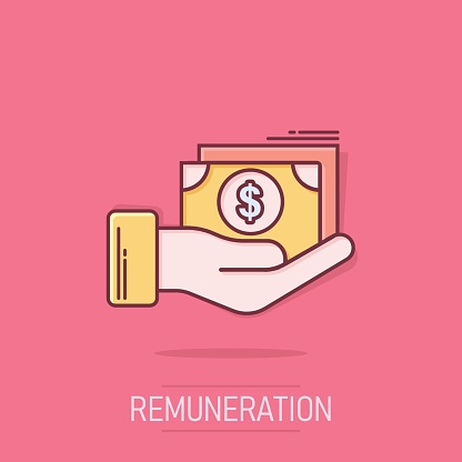 Remuneration icon in comic style. Money in hand cartoon vector illustration on isolated background. Banknote payroll splash effect business concept.