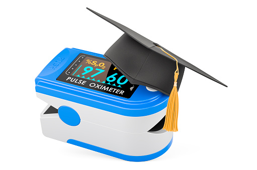 Portable Pulse Oximetry with education hat. 3D rendering isolated on white background