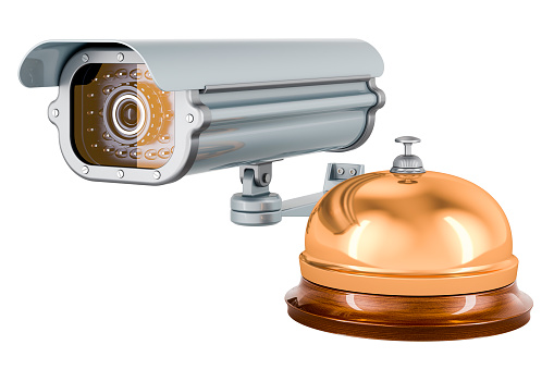 Security surveillance camera with reception bell. 3D rendering isolated on white background