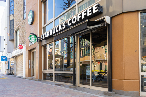 Tokyo, Japan. January 8, 2024. Exterior view of the Starbucks Coffee brand store in the city center