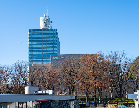 nodeul island park complex scenery with the view of 63 building in the distance. Taken in Seoul South Korea on March 21 2020