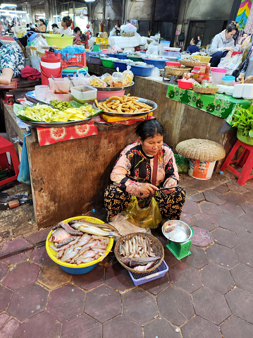 Local lady with catch of fish in Psah Chas (Old Market), also commonly romanized as Phsar Chas, Psar Chas or Psar Chaa, a popular market in Siem Reap, Cambodia.