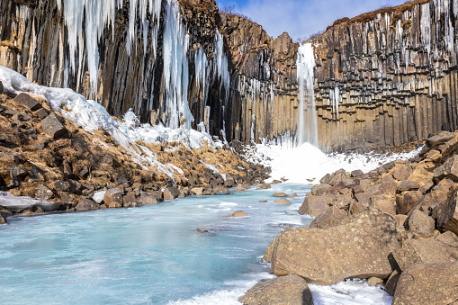 Snow and ice at Skaftafell waterfall in iceland, Vatnajokull national park