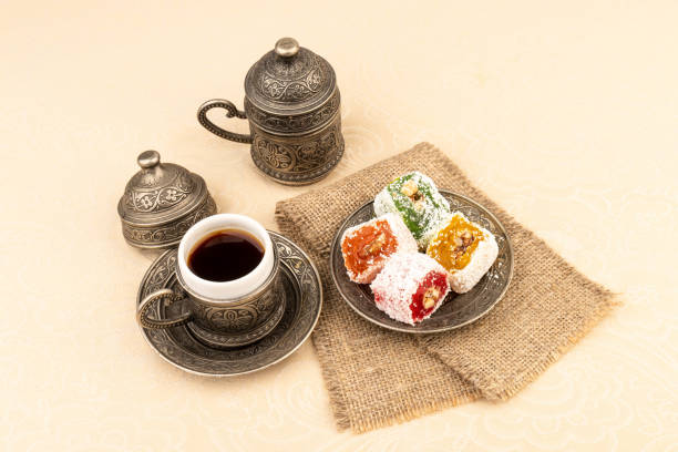 istock Turkish Coffee with Turkish Delight on authentic metal plate 1969315990