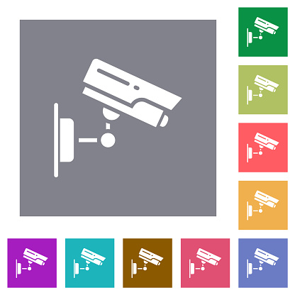 CCTV camera flat icons on simple color square backgrounds