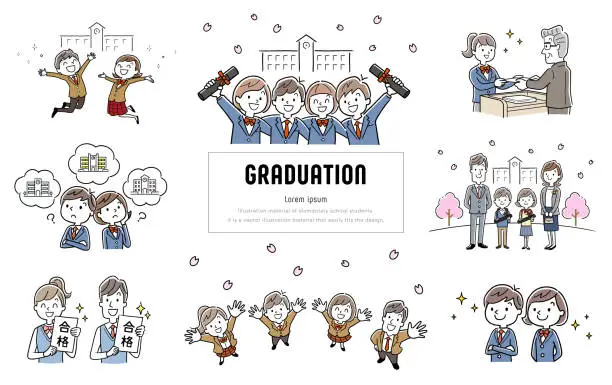 Vector illustration of Vector illustration material: Set of people related to school graduation and admission