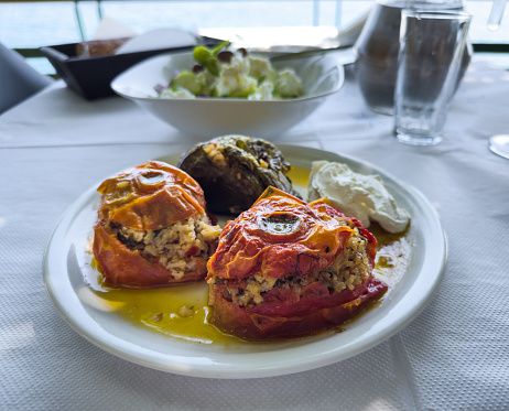 Traditional greek meal: Peppers and tomatoes stuffed with rice.