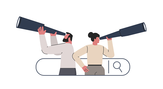 Web search. Man looking through binoculars and woman through spyglasses. Business metaphore for web searching. SEO concept. Flat vector illustration isolated on white background.