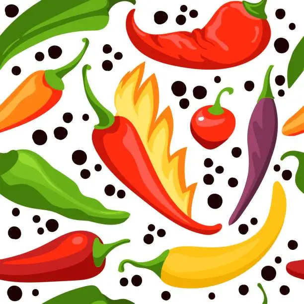 Vector illustration of Hot pepper seamless pattern. Spicy and sweet paprika varieties. Chilli in fire. Cherry and jalapeno bell. Repeated vegetables print. Kitchen vegan products. Splendid vector background