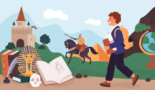 Vector illustration of History lesson. Young student on knowledge path. Ancient civilizations elements. Pupil learning past centuries. Knight castle. Historical education. Egypt pyramid. Garish vector concept
