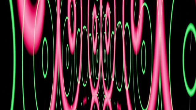 Seamless loop Moving random magenta green circles. Psychedelic wavy animated abstract curved shapes. 4k resolution 3d render. Yoga kaleidoscope. Seamless loop video perfect for VJ thematic sets
