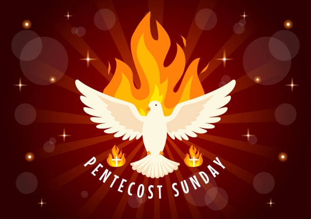 pfingstsonntag vektor-illustration mit flamme und heiliger geist taube in katholiken oder christen religiöse kultur urlaub wohnung karikatur hintergrund - pfingsten stock-grafiken, -clipart, -cartoons und -symbole