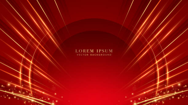 istock Golden lines with red curve, glitter light effect and bokeh on red background 1969352606