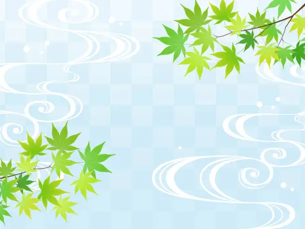 Vector illustration of Japanese style background of blue maple and running water pattern
