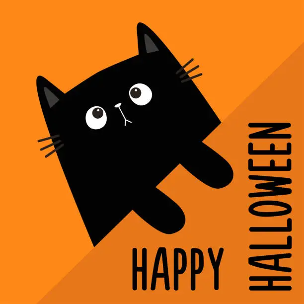 Vector illustration of Happy Halloween. Black cat holding paper corner. Kitten head face looking up. Paw print. Cute cartoon kawaii character. Pet baby collection. Greeting card. Flat design. Orange background. Isolated.