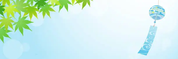 Vector illustration of Refreshing background of blue maple leaves and wind chimes（3：1）