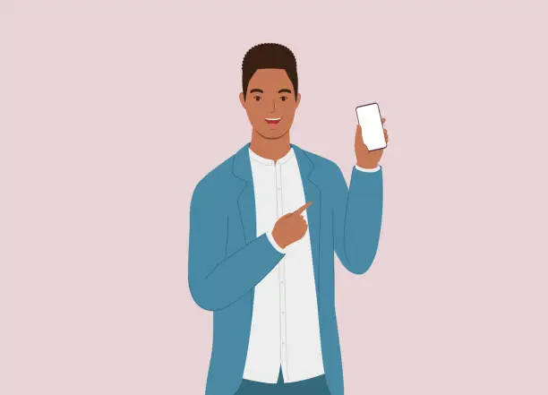 Vector illustration of Black Businessman Displaying His Cellphone With Blank Empty Screen.