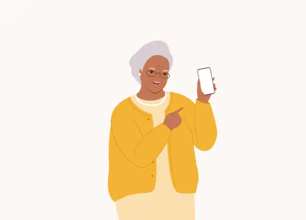 Vector illustration of Black Elderly Woman Displaying Her Cellphone With Blank Empty Screen.