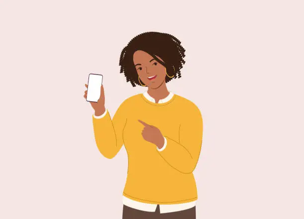 Vector illustration of Black Businesswoman Displaying Her Cellphone With Blank Empty Screen.