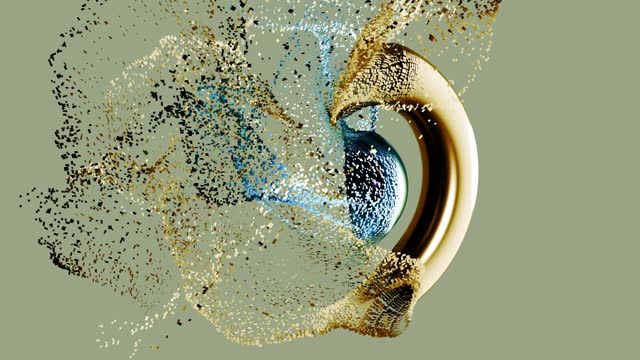 3d animation. Fantastic golden torus and blue sphere in the center on soft background disappear. Fantastic background