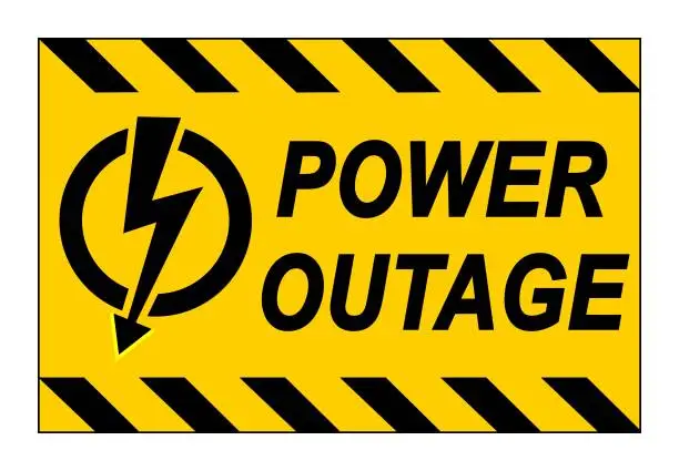 Vector illustration of Power outage. Warning sign with symbol and text by side. Yellow black barricade tape above and below.
