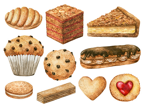 Set of confectionery products. Baking eclair in chocolate, cookies with chocolate, cakes, waffles, heart shaped cookies, illustrations drawn in watercolor for menu, label, packaging, bakery or cafe