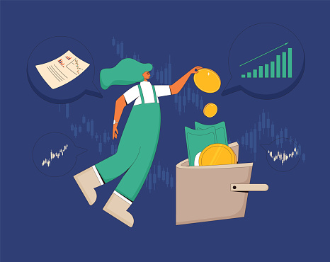 Index investing concept. Financial growth.  Stock market boom. Lucky retail investor. Minor shareholders getting money. Income. Vector flat color illustration.