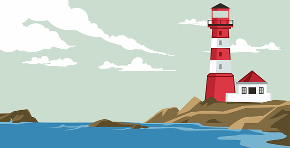 Lighthouse on island in flat style. Coastline landscape with beacon. Faros on the beach, lighthouse on a rock in a landscape of coastal waves