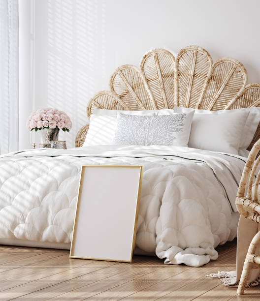 istock Mockup poster frame in white luxury bedroom interior 1969403211