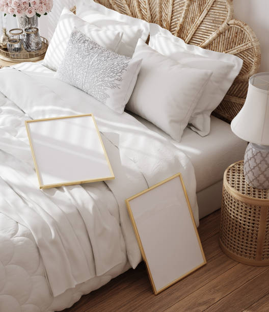 istock Mockup poster frame in white luxury bedroom interior 1969403727