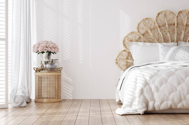 istock White luxury bedroom interior, wall mockup 1969403763