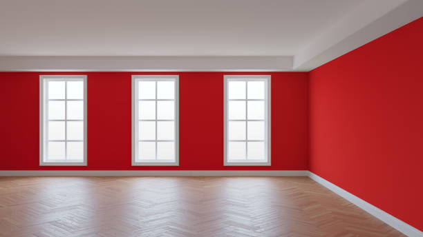 istock Interior with Red Walls, White Ceiling and Conrnice, Three Large Windows 1969407675