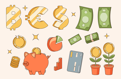 Vibrant Retro Cartoon Business And Finance Vector Icons Set. Money Flower, Piggy Bank And Credit Card, Euro, Pie Chart, Dollar Or Bitcoin, Nostalgic Financial Elements For Adding Digital Presentations