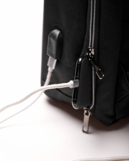 istock built-in USB port on a black backpack with a wire and portable charging 1969410551