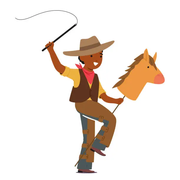 Vector illustration of Young Cowboy Character In A Vibrant Costume, Atop A Wooden Horse, Gallops With Boundless Joy, Vector Illustration