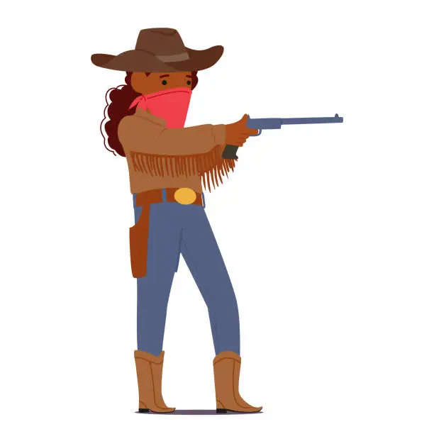 Vector illustration of Petite Outlaw Girl With A Bandana-masked Face, Brandishes A Toy Six-shooter, Embodying The Spirit Of A Mischievous Kid