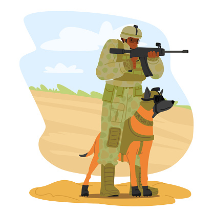 Resilient Soldier, Accompanied By A Loyal Dog, Forms An Unbreakable Bond. Together, They Navigate War Challenges, Offering Companionship, Courage And Unwavering Support On Their Shared Journey, Vector