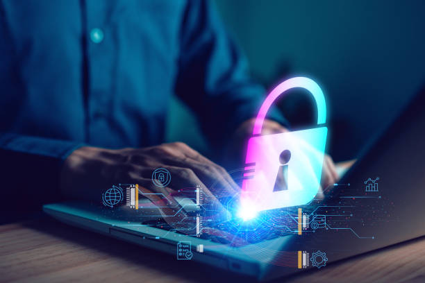 istock Lock on laptop. Data protection information. Encryption and safety secured access to user personal data. Cybercrime. Compromised information internet. Cyber attack on computer network 1969417535