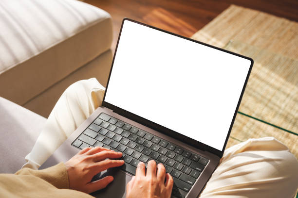 istock Top view mockup image of a woman working and typing on laptop computer with blank screen on sofa at home 1969436914